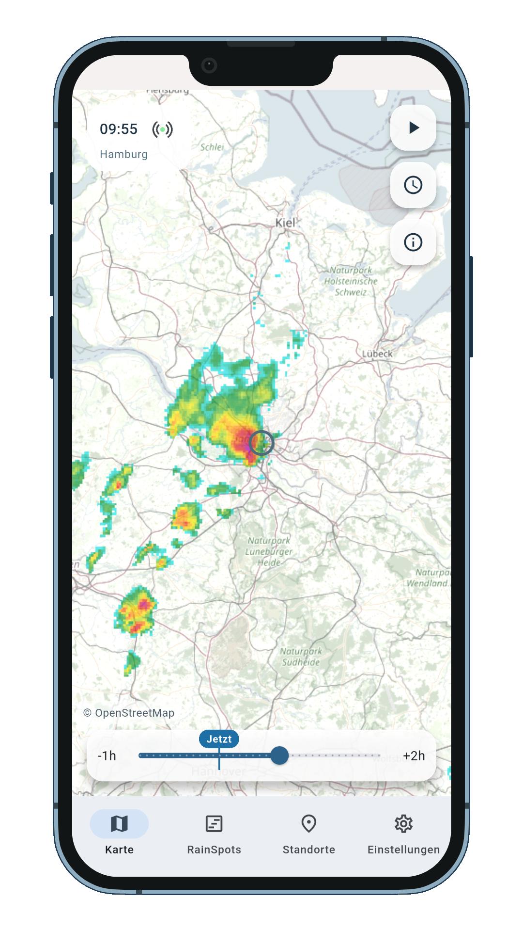 Kartenansicht mit Regenradar und Zeitschieberegler in RainSpots