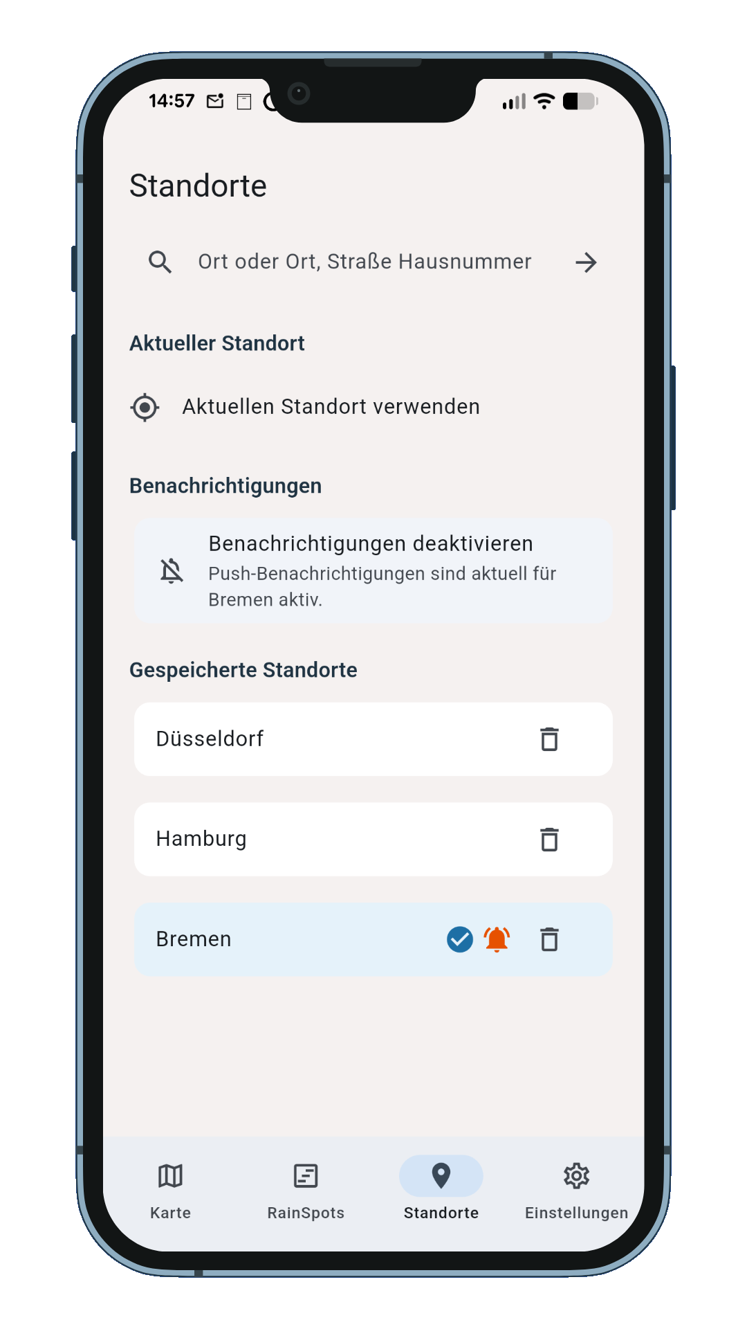Verwaltung gespeicherter Standorte und Benachrichtigungen in RainSpots