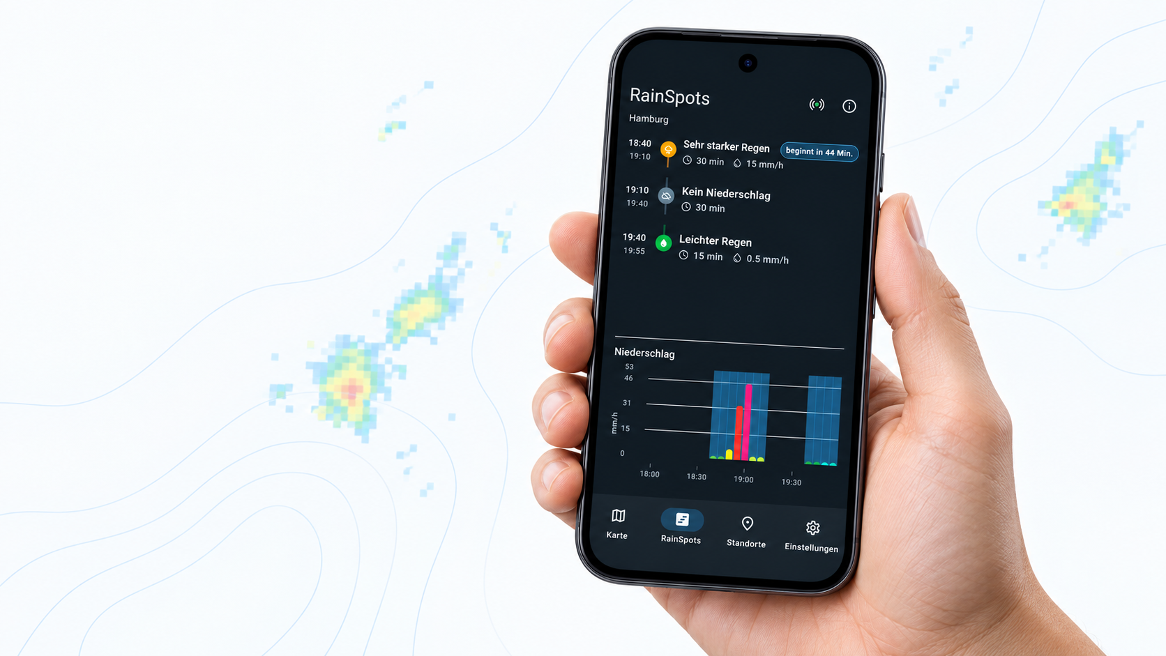 Die RainSpots-App auf einem Smartphone in einer Hand vor einer stilisierten Wetterkarte